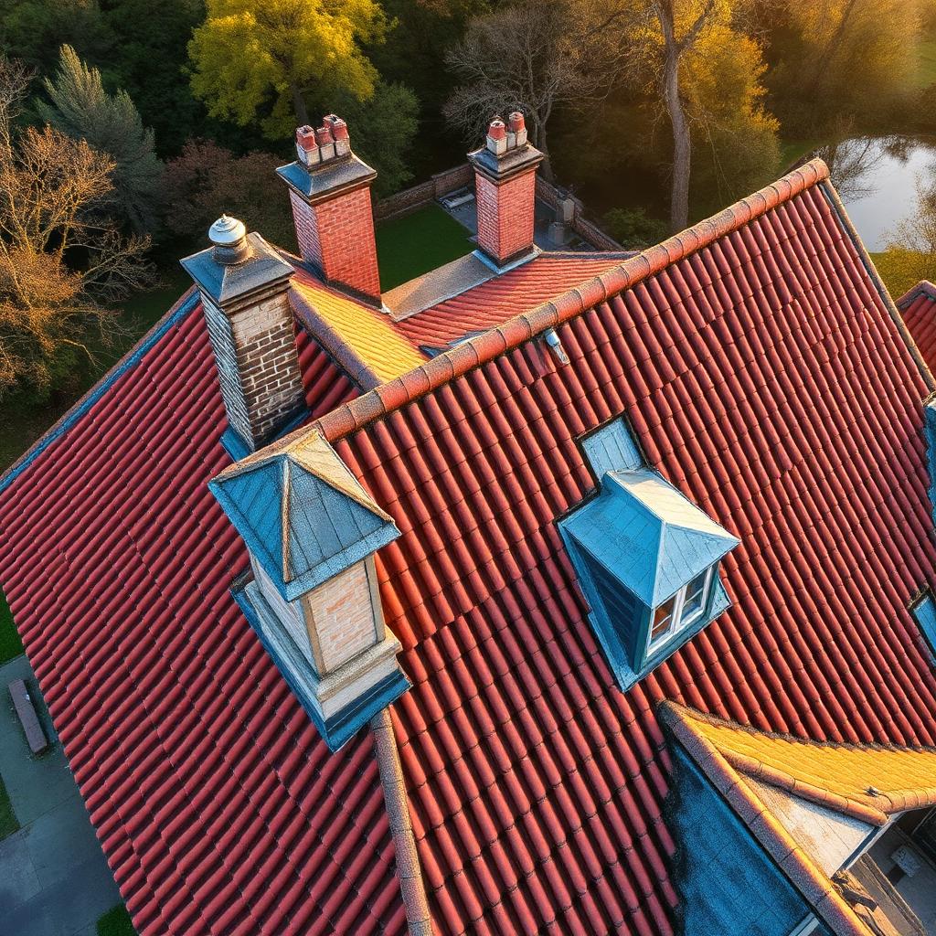 Vue aérienne d'une toiture solognote avec cheminées et lucarnes en zinc