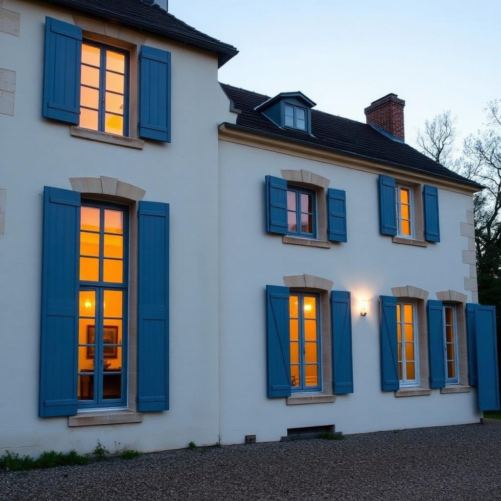 Façade rénovée d'une maison solognote au crépuscule, volets bleu-gris