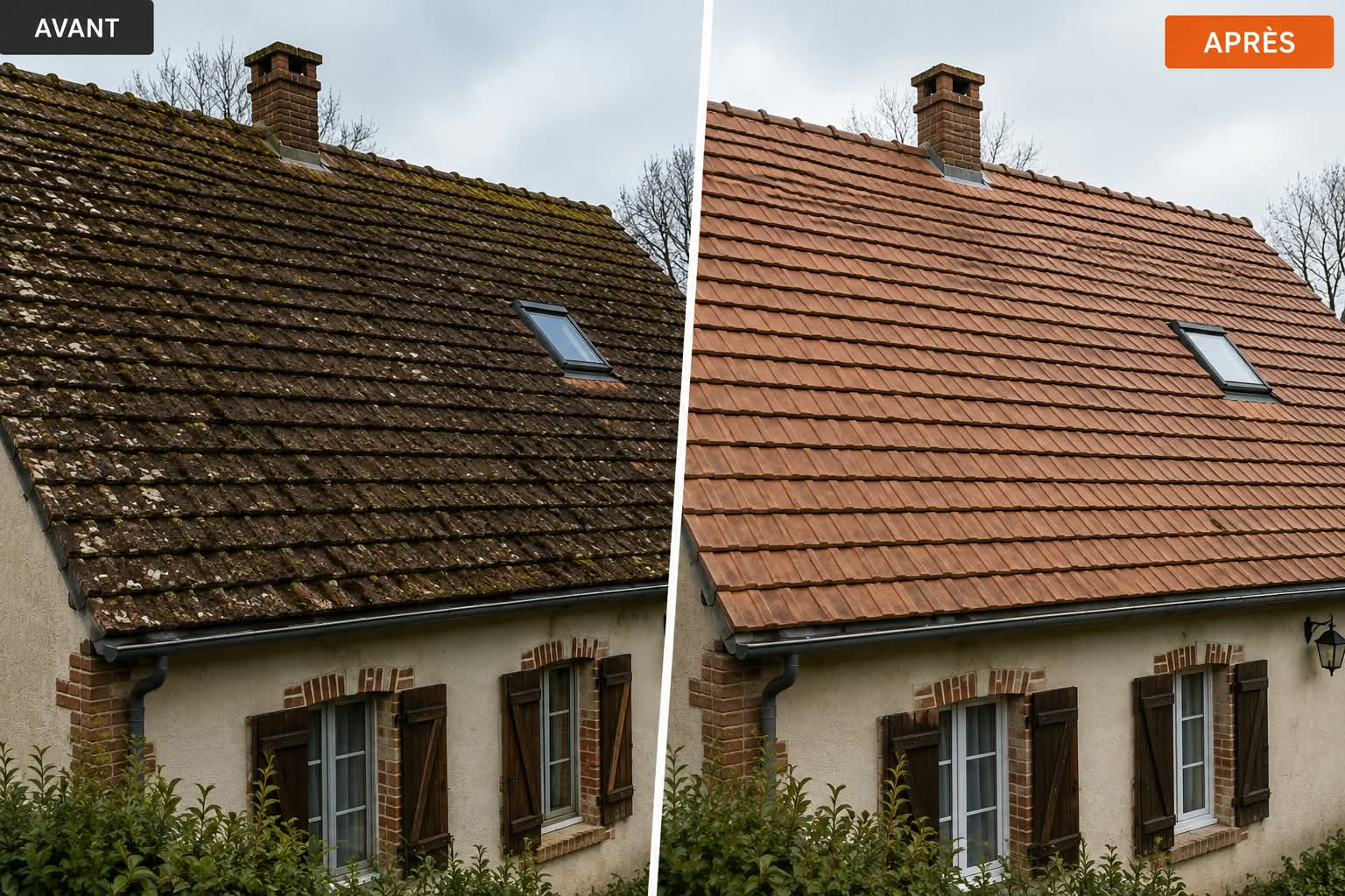 Toiture avant et après démoussage à Bourges