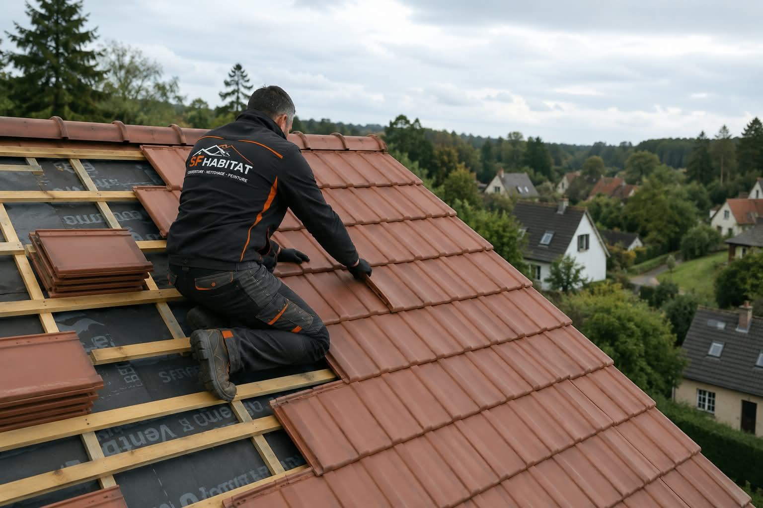 Chantier de couverture échafaudé à Bourges